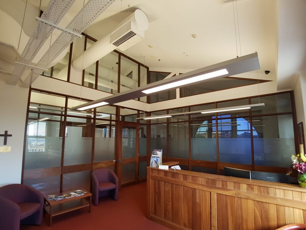 Commercial Electrician Sydney Team Installed Modern Lighting in a University of Notre Dame Sydney Reception Area.