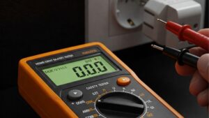 Home Circuit Tester: A digital home circuit tester with a reading of 0.00, indicating no voltage, being used to check an electrical outlet.