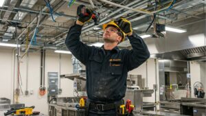 power installation: An electrician wearing a hard hat, safety glasses, and a safety vest performing overhead power installation work on electrical components in a building.