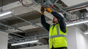 power installation: An electrician wearing a hard hat and safety glasses performing overhead power installation work in a modern commercial kitchen.