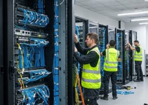 Commercial Data Cabling: Three technicians in safety vests working on blue data cables within server racks in a data center.
