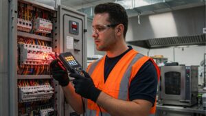 Diagnosing Electrical Problems: A technician wearing safety glasses, gloves, and a safety vest using a multimeter to diagnose electrical problems in a commercial kitchen's electrical panel.