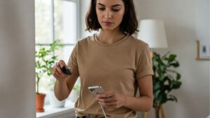 Conserve Electricity Tips: A woman unplugging her smartphone charger from the wall socket as a tip to conserve electricity.