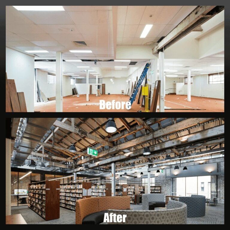 A before-and-after shot of electrical works done in a Sydney library by our commercial electricians.