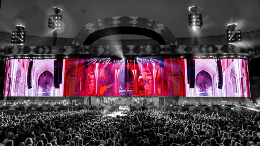 This image features dynamic lighting and video wall equipment ready for deployment on a major concert stage in NSW.