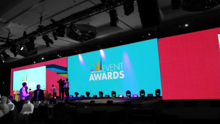 This image features a completed LED setup tailored for an outdoor wedding venue, offering vibrant visual effects.