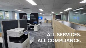 Sleek and well-lit office space powered by compliant and efficient electrical work from Lightspeed Electrical commercial electrician.
