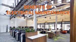 Wide-angle view of a modern Sydney commercial office with high exposed ceilings and visible electrical conduit, emphasizing the need for regular maintenance.