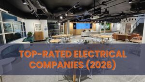 Electrical Company. A spacious, modern commercial interior with high-end track lighting and seating, featuring the text "Top-Rated Electrical Companies (2026)".