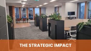 Best Commercial Electricians. The Strategic Impact text overlay on an image of a modern Sydney commercial office space with green plants and ergonomic workstations.
