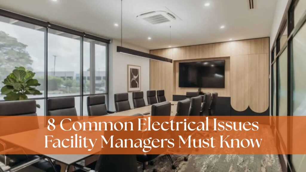 A modern commercial conference room featuring text overlay regarding standard commercial electrical issues that facility managers should identify.