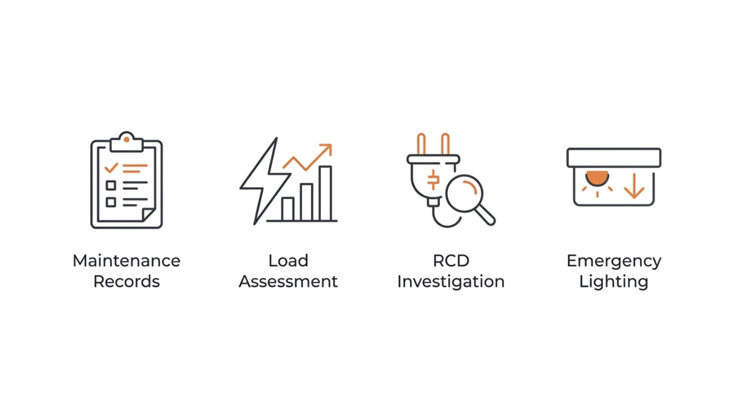 An icon row graphic by Lightspeed showcasing key services like load assessment and emergency lighting for commercial electrical maintenance.