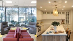 Side-by-side split screen comparing modern commercial lounge lighting with warm residential kitchen pendant lighting, illustrating differences between a commercial vs residential electrician, by Lightspeed Electrical.